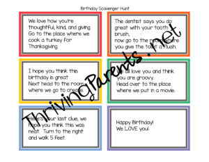 Add a fun twist to a birthday by sending your child on a birthday scavenger hunt! Here's a premade one to get you started.